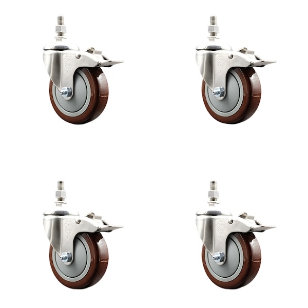 Service Caster 4 Inch 316SS Maroon Polyurethane Wheel Swivel 1/2 Inch Stem Caster Set Lock Brake SS316TSTTL20S414-PPUB-MRN-121315-4 - main